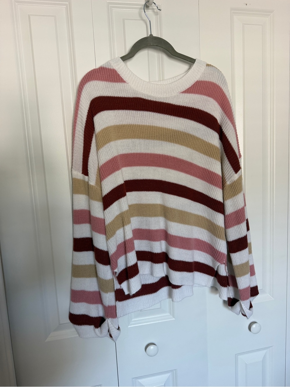 Striped Crewneck Sweater in White, Pink, Burgundy & Tan